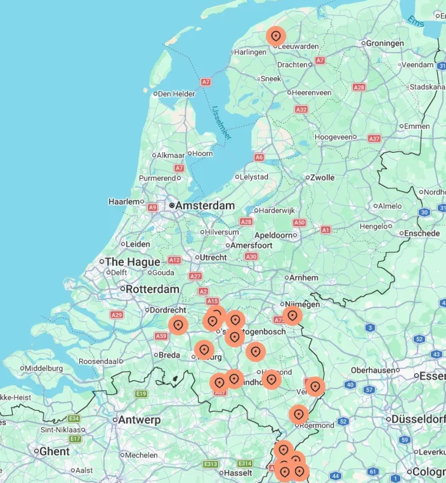 Kaart van Nederland met locaties van vestigingen Het Andere Wonen